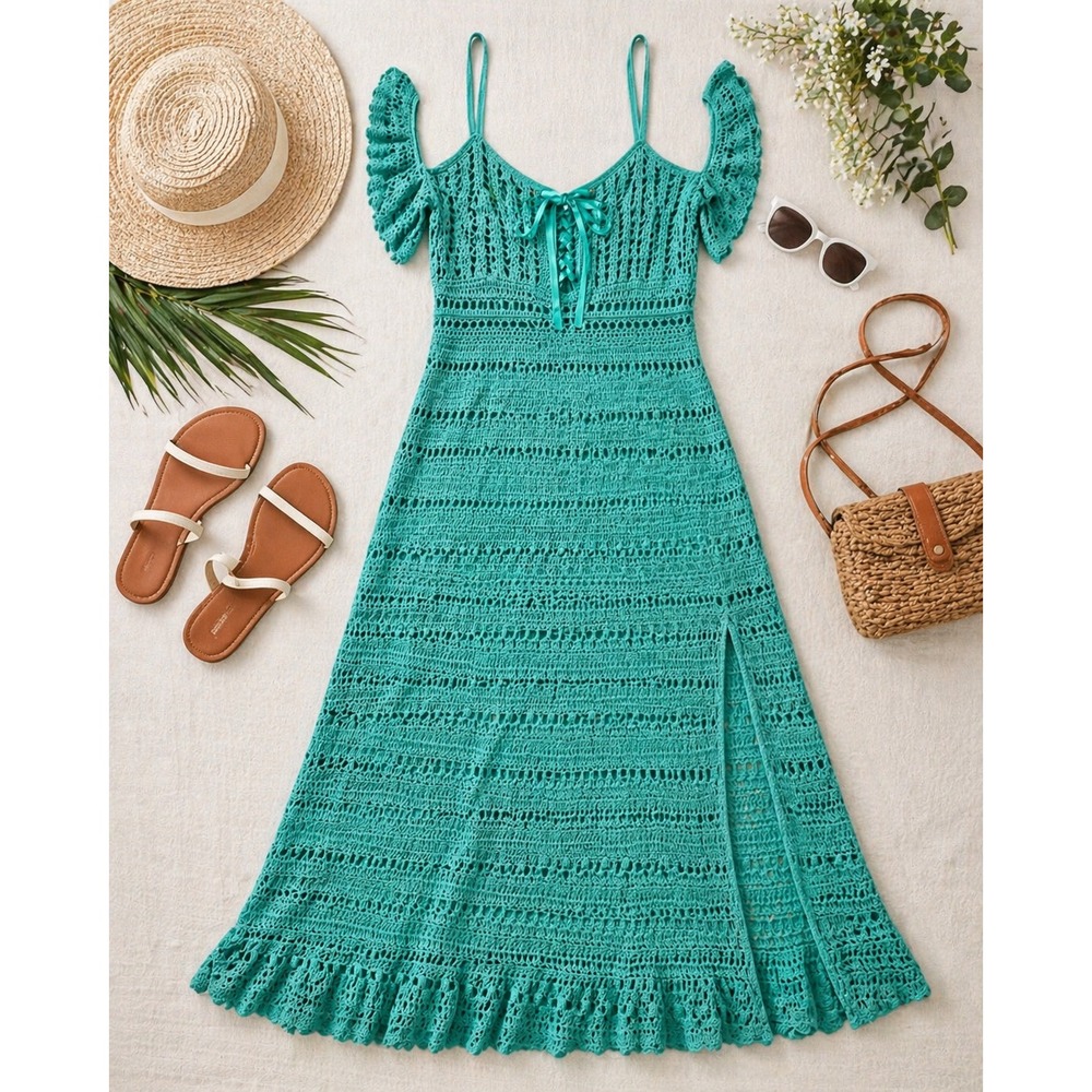 Teal‎ Crochet Cold Shoulder Maxi Dress Lace Up Front Side Slit Ruffle Hem XL 2XL